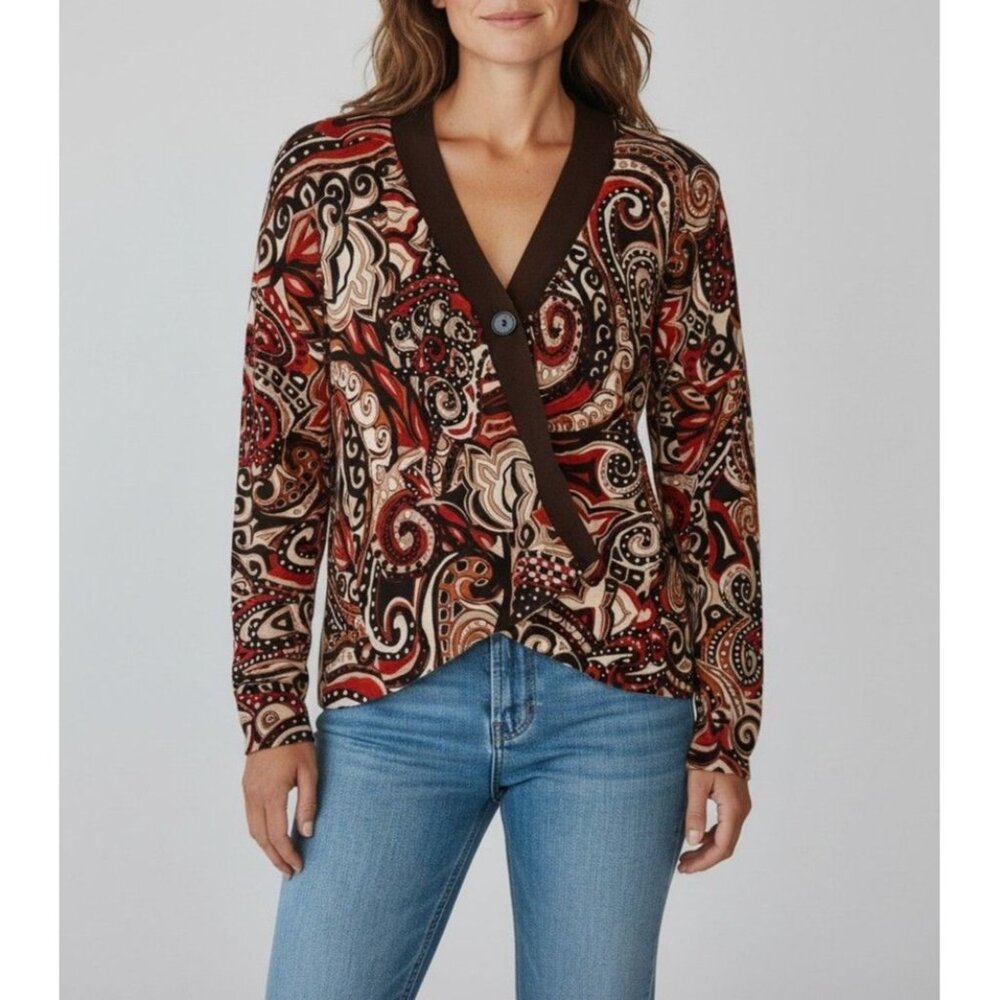 Chicos Multicolor Paisley Print Button Cardigan Sweater Womens Size 0 Polyester/